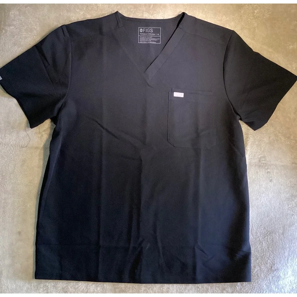 Figs Leon Scrub Top XL Black Three Pocket Short‎ Sleeve Pullover V-Neck Adult - Picture 4 of 6